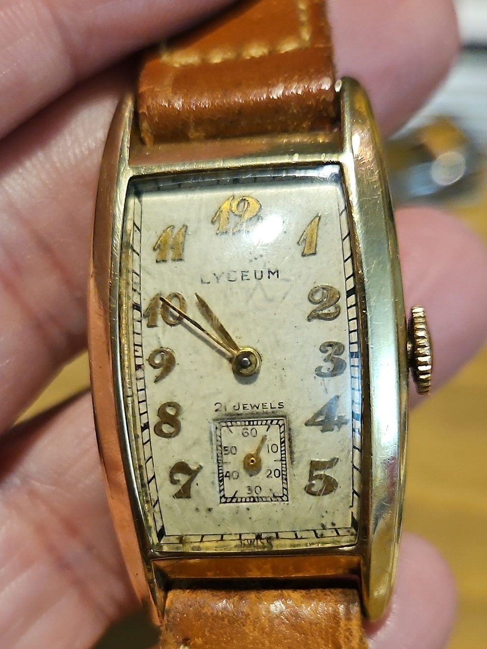 LYCEUM Gold-Tone Tonneau Watch with Brown Leather Strap